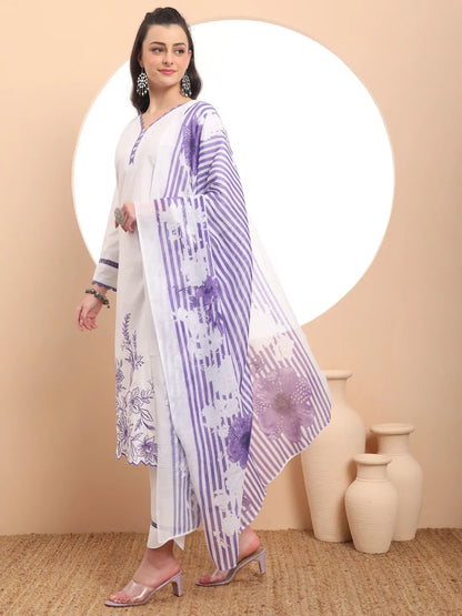 White Chikankari Lace Work Straight Kurta Trouser Dupatta Set