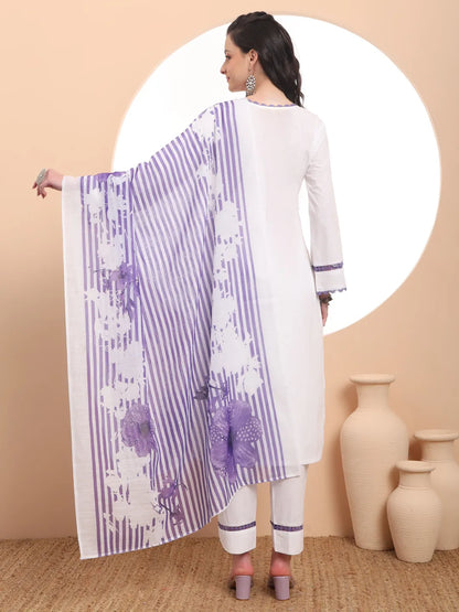 White Chikankari Lace Work Straight Kurta Trouser Dupatta Set