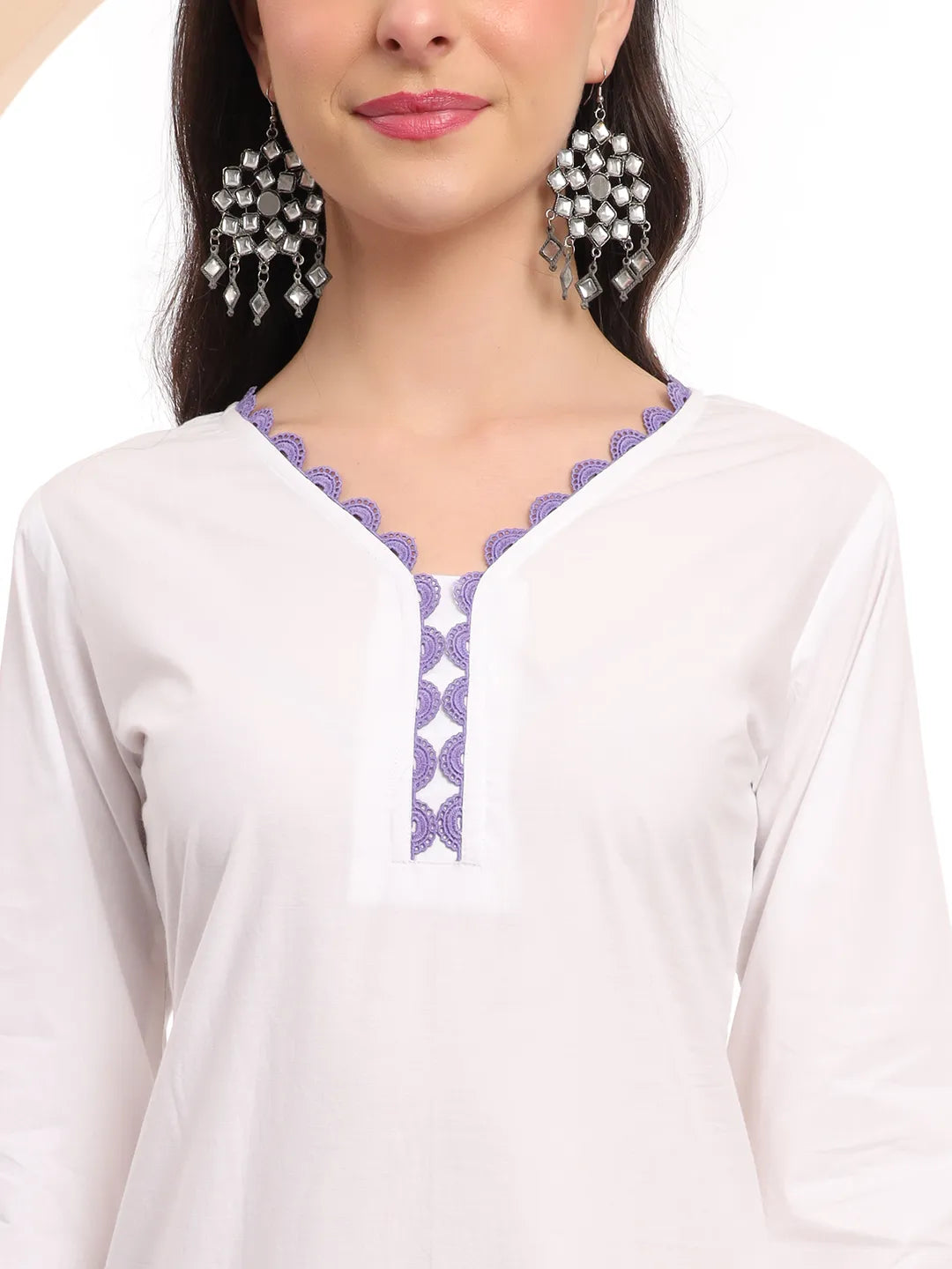 White Chikankari Lace Work Straight Kurta Trouser Dupatta Set