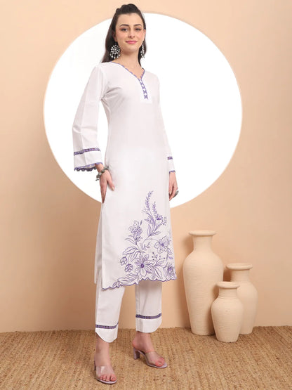 White Chikankari Lace Work Straight Kurta Trouser Dupatta Set