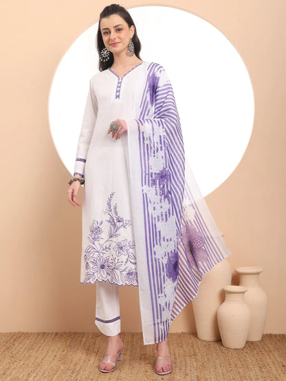 Women's White Cotton White Chikankari Lace Work Straight Kurta Trouser Dupatta Set by Yufta, suitable for wholesale buyers, boutiques, retailers, resellers and bulk fashion orders from Trendphoria