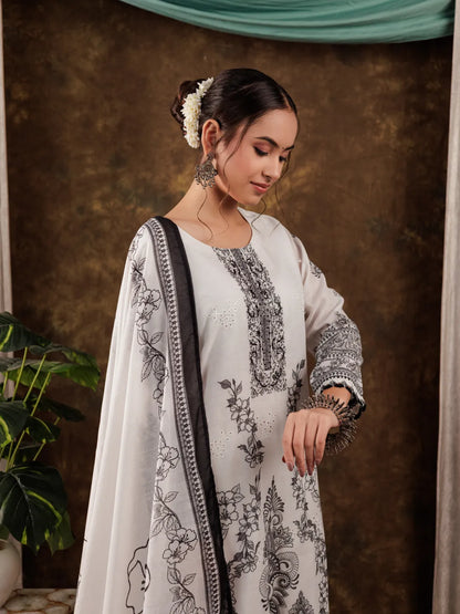 White Cotton Ethnic Motifs Straight Kurta Dupatta Pant Set