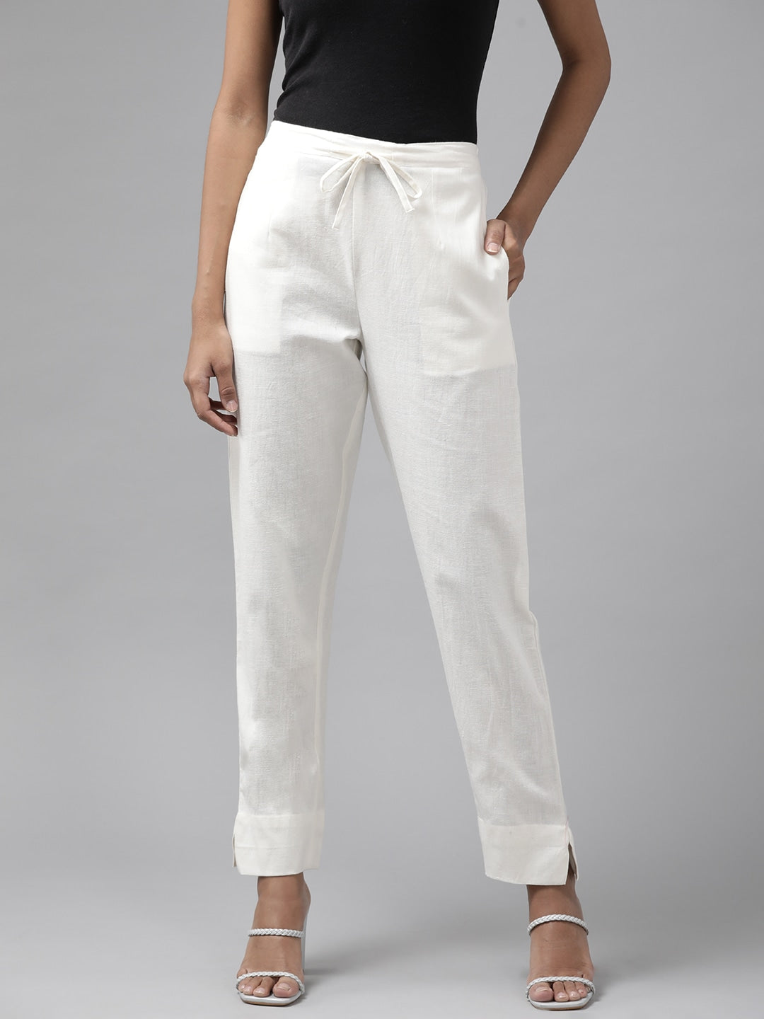 Women's White Cotton White Cotton Fit Trousers by Yufta, suitable for wholesale buyers, boutiques, retailers, resellers and bulk fashion orders from Trendphoria