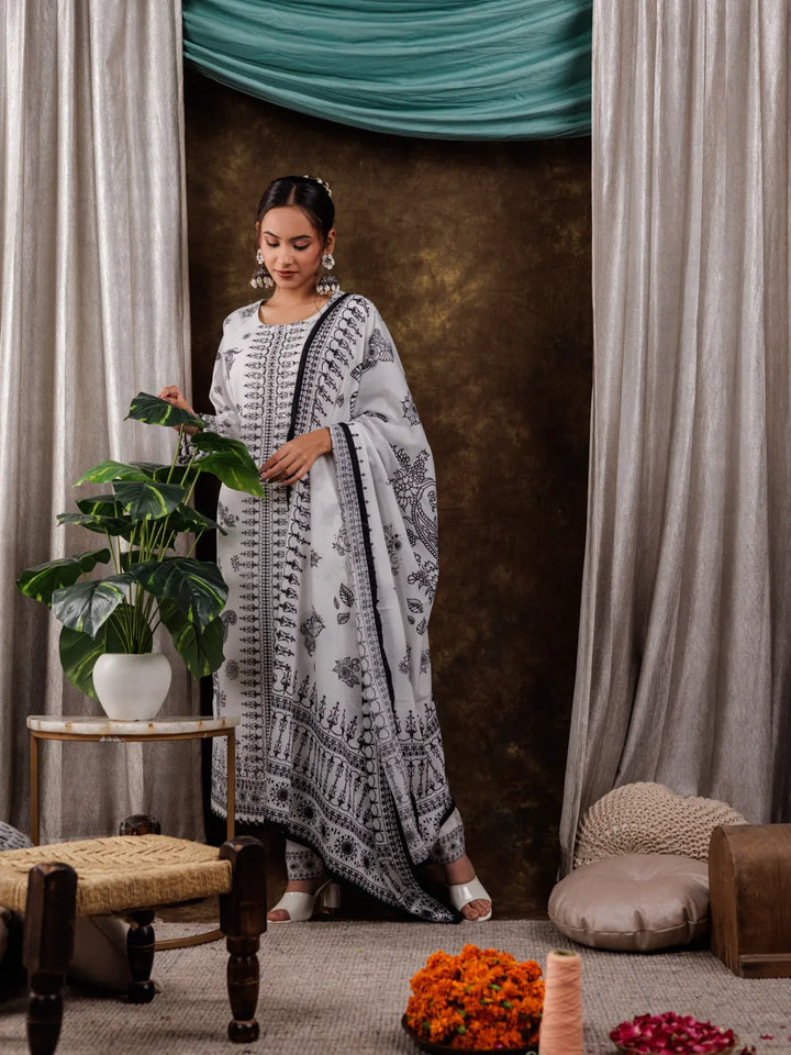 White Cotton Straight Paisley Kurta Dupatta Pant Set