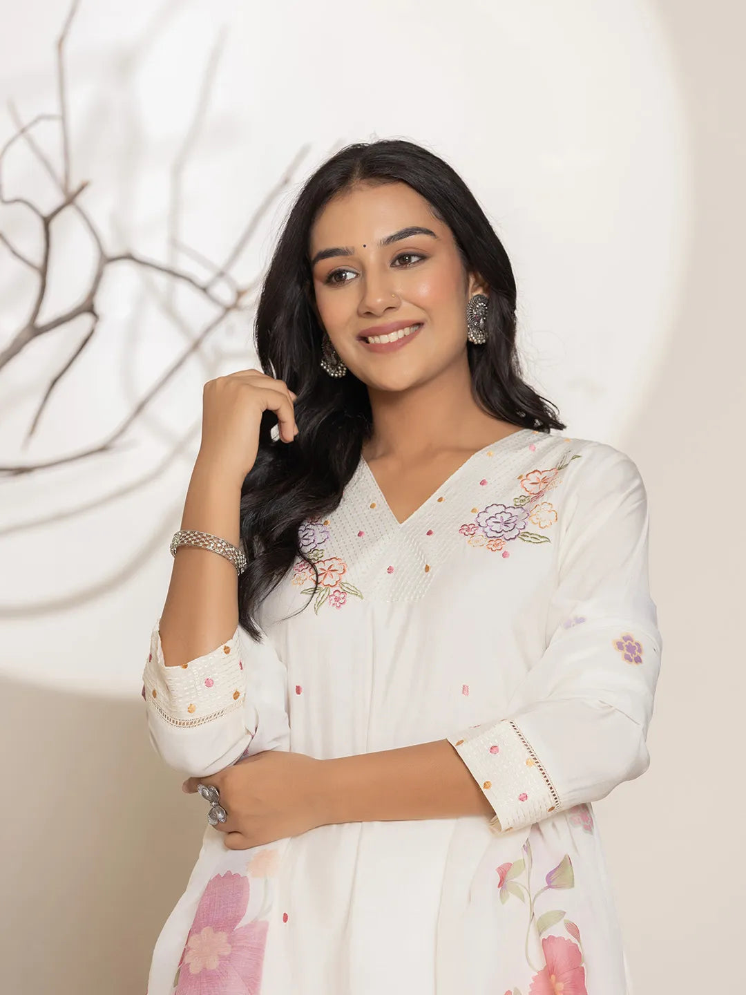 Embroidery Silk Blend A Line Kurta Dupatta Set