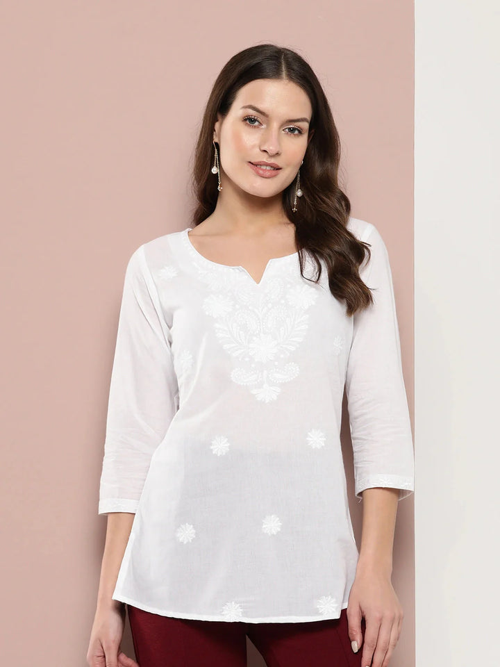 White Floral Chikankari Embroidered Pure Cotton Top