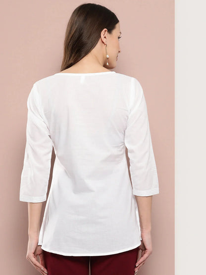 White Floral Chikankari Embroidered Pure Cotton Top