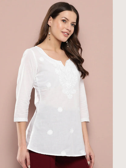 White Floral Chikankari Embroidered Pure Cotton Top