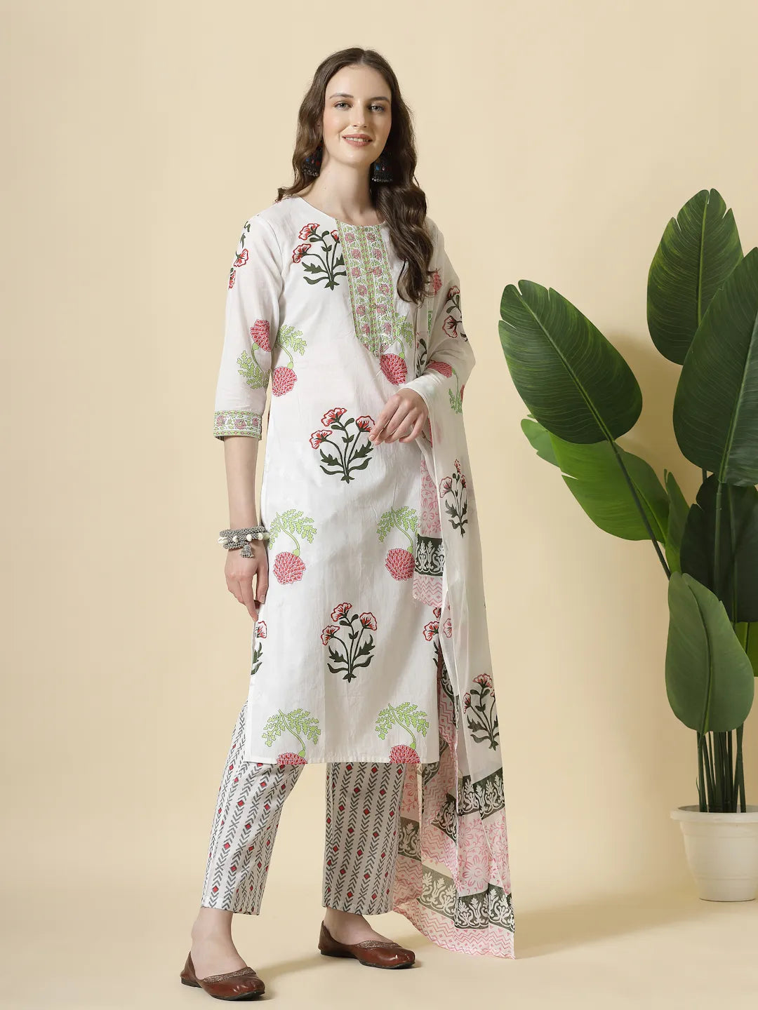White Floral Print Cotton Show Button On Yoke Kurta Set With Pant & Dupatta