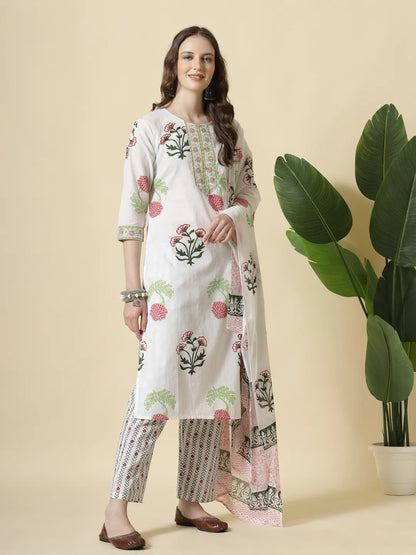White Floral Print Cotton Show Button On Yoke Kurta Set With Pant & Dupatta