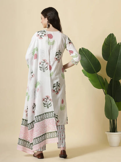 White Floral Print Cotton Show Button On Yoke Kurta Set With Pant & Dupatta