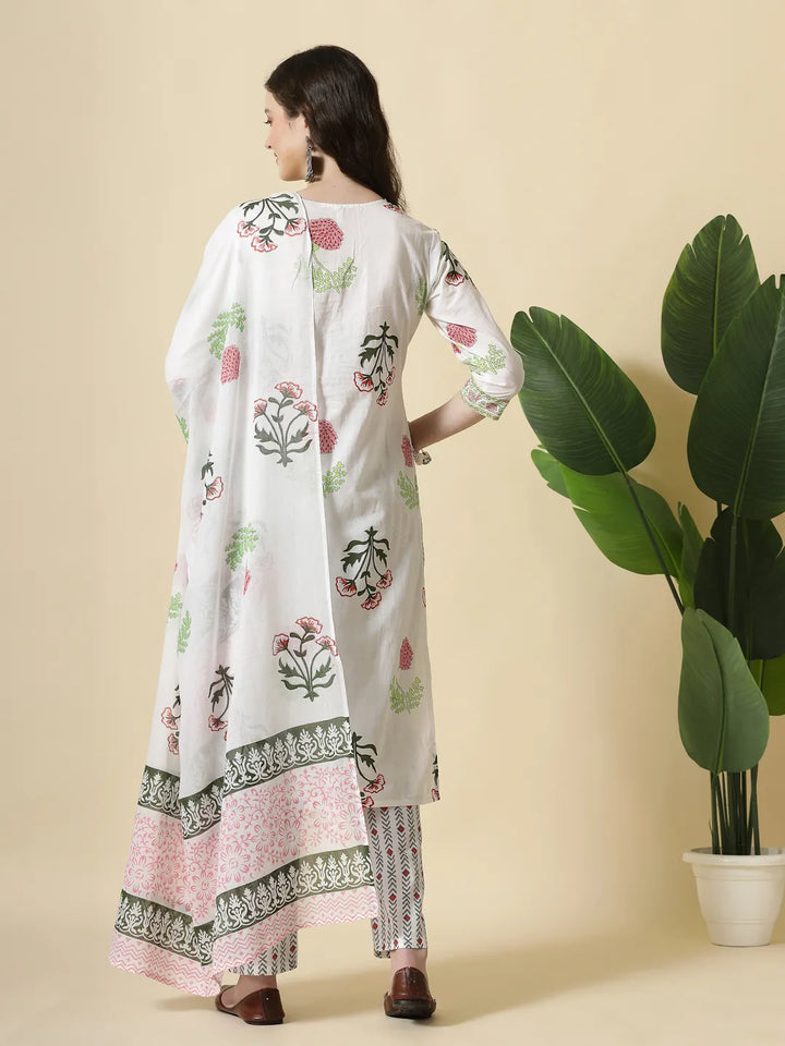 White Floral Print Cotton Show Button On Yoke Kurta Set With Pant &amp; Dupatta