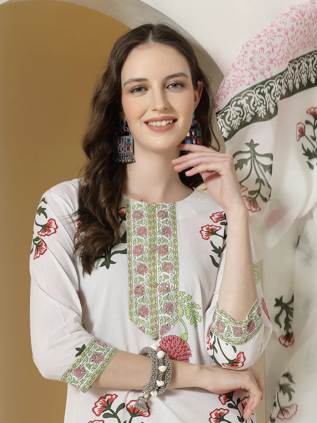 White Floral Print Cotton Show Button On Yoke Kurta Set With Pant &amp; Dupatta