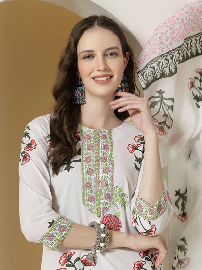 White Floral Print Cotton Show Button On Yoke Kurta Set With Pant & Dupatta