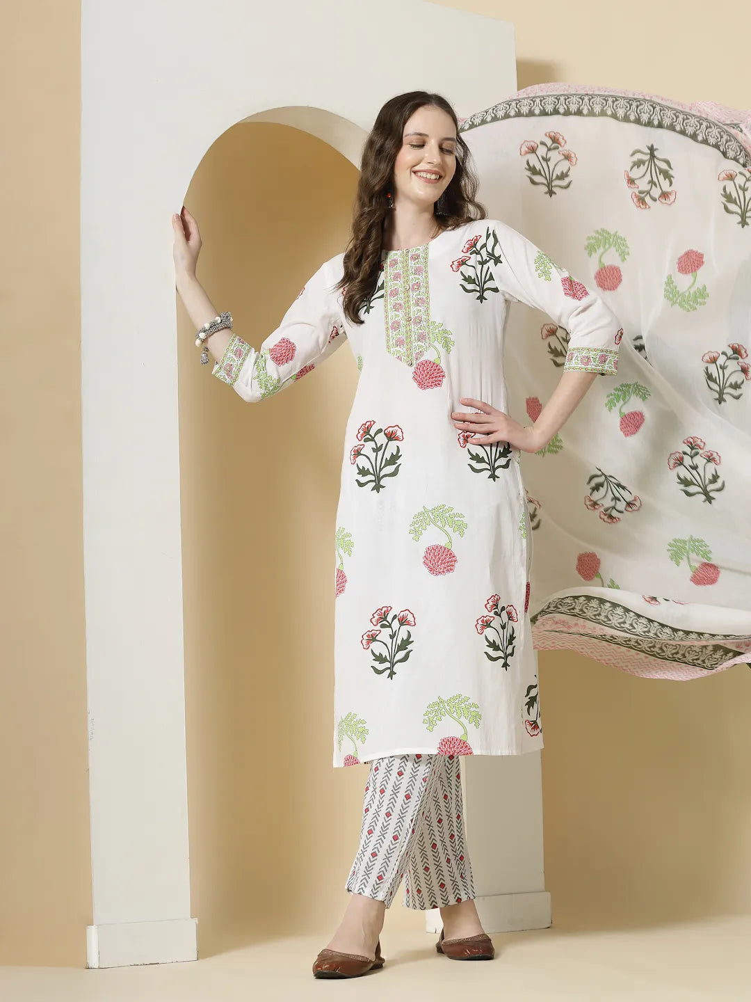 White Floral Print Cotton Show Button On Yoke Kurta Set With Pant & Dupatta