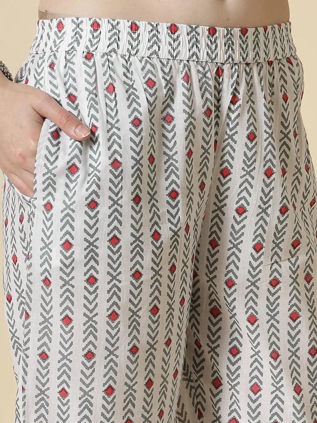 White Floral Print Cotton Show Button On Yoke Kurta Set With Pant & Dupatta