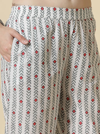 White Floral Print Cotton Show Button On Yoke Kurta Set With Pant & Dupatta