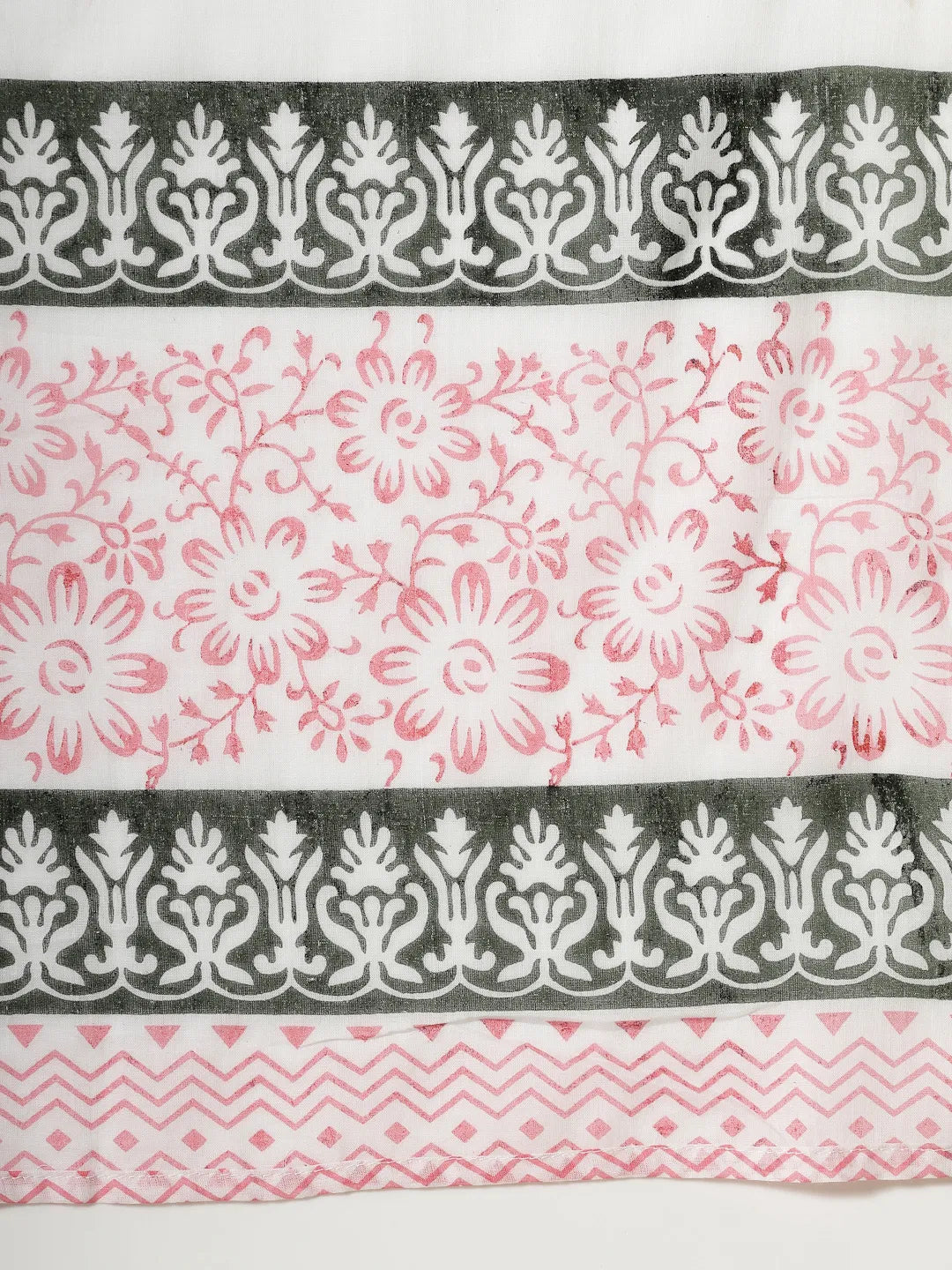 White Floral Print Cotton Show Button On Yoke Kurta Set With Pant &amp; Dupatta