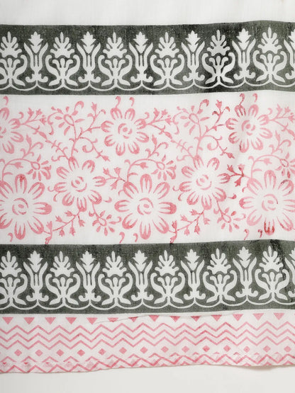 White Floral Print Cotton Show Button On Yoke Kurta Set With Pant & Dupatta