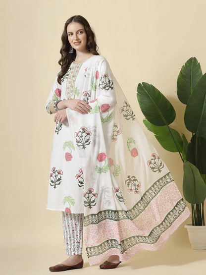 White Floral Print Cotton Show Button On Yoke Kurta Set With Pant & Dupatta