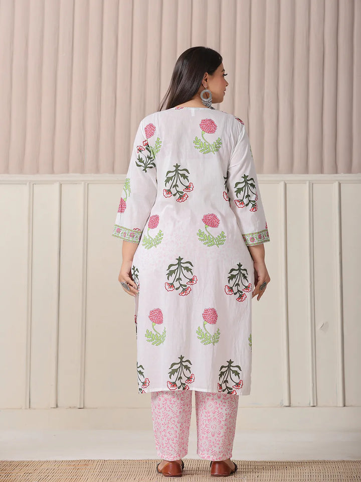 White Floral Print Cotton Show Button On Yoke Plus Size Kurta Set With Pant &amp; Dupatta
