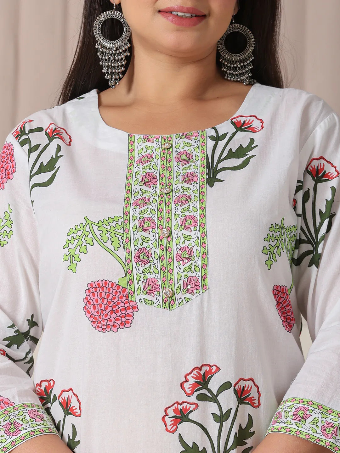 White Floral Print Cotton Show Button On Yoke Plus Size Kurta Set With Pant & Dupatta