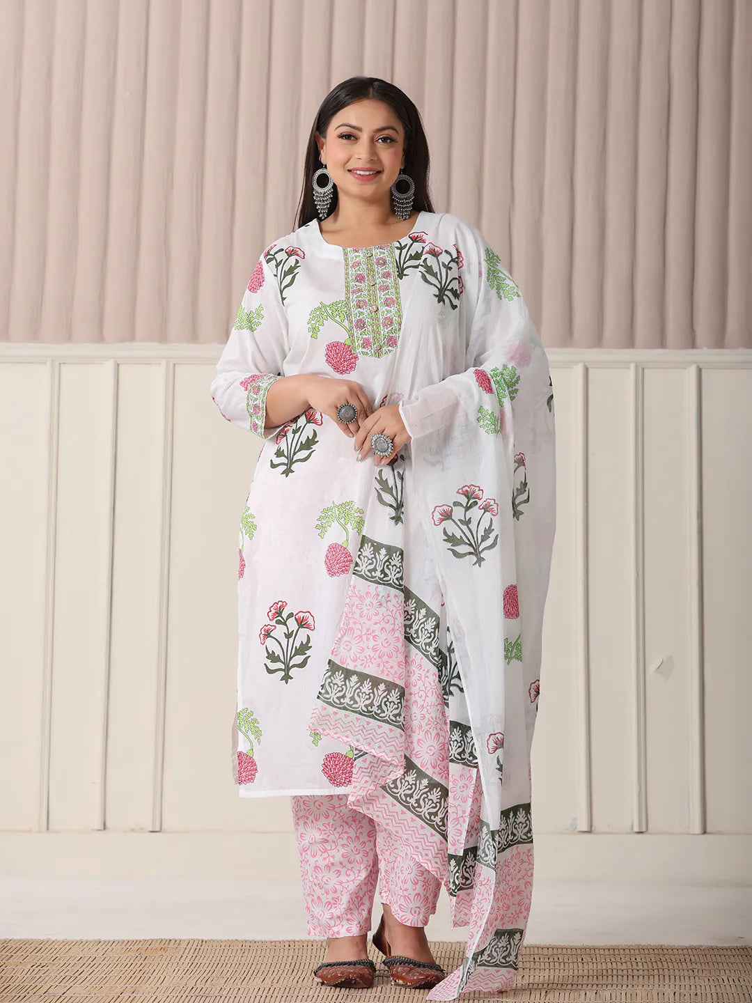 White Floral Print Cotton Show Button On Yoke Plus Size Kurta Set With Pant & Dupatta