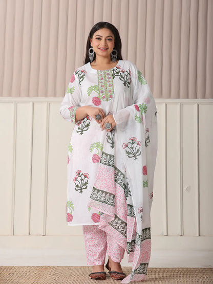 White Floral Print Cotton Show Button On Yoke Plus Size Kurta Set With Pant & Dupatta