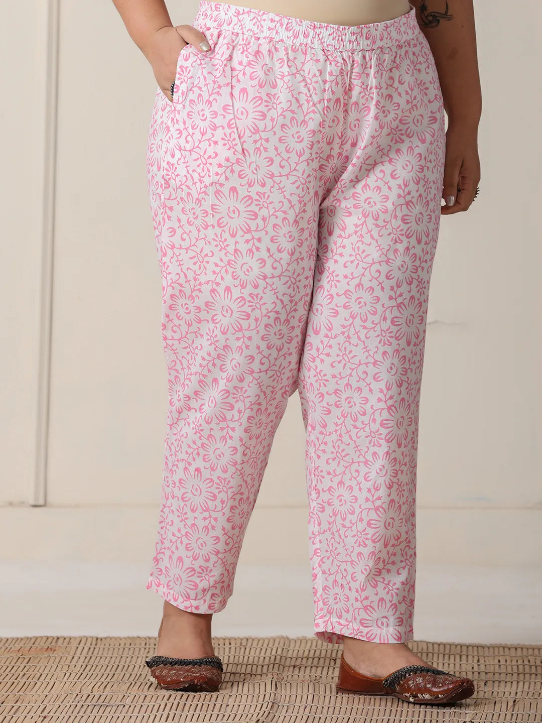 White Floral Print Cotton Show Button On Yoke Plus Size Kurta Set With Pant &amp; Dupatta