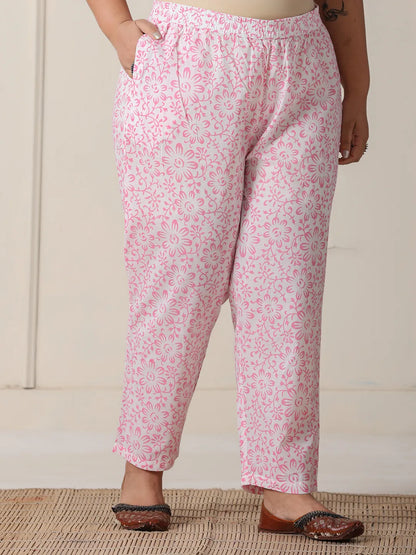 White Floral Print Cotton Show Button On Yoke Plus Size Kurta Set With Pant & Dupatta