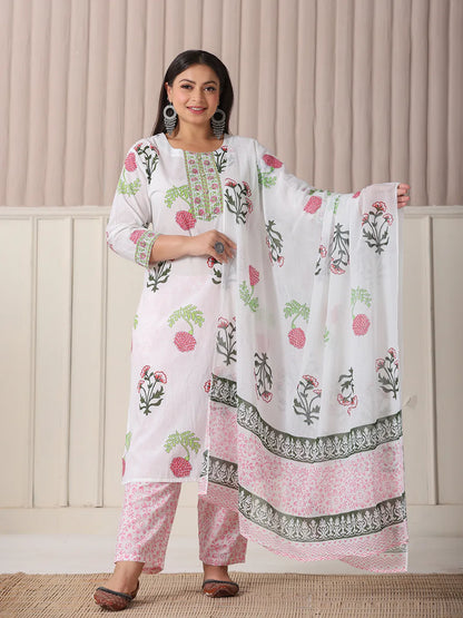 White Floral Print Cotton Show Button On Yoke Plus Size Kurta Set With Pant & Dupatta
