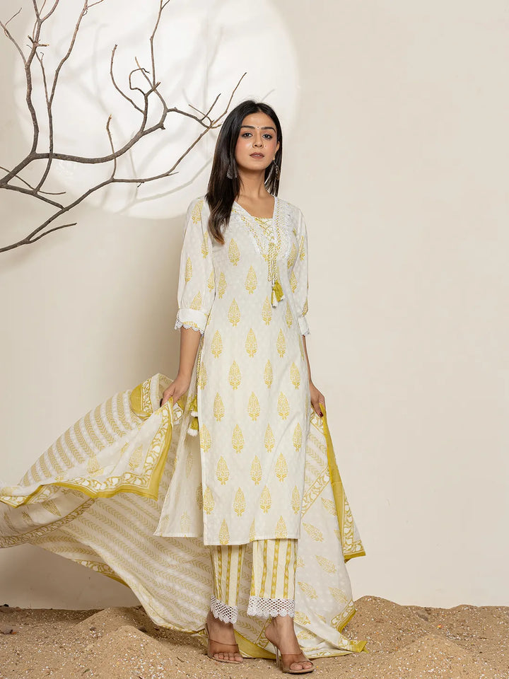 White &amp; Green Floral Cotton Straight Suit Set