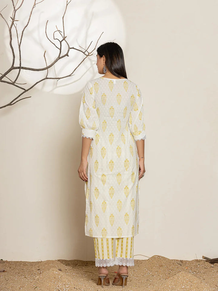 White &amp; Green Floral Cotton Straight Suit Set