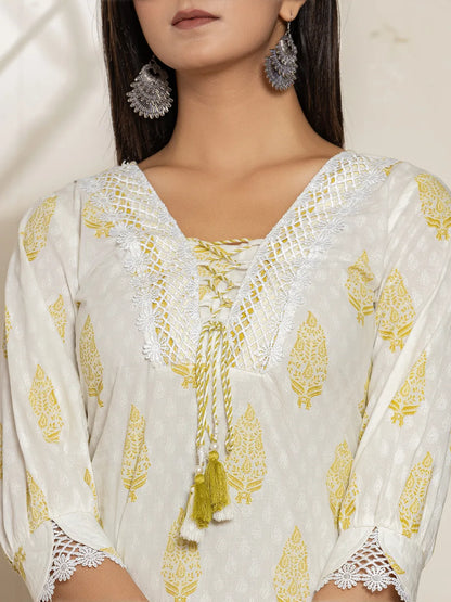 White & Green Floral Cotton Straight Suit Set