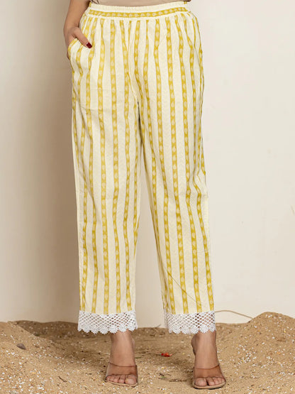 White & Green Floral Cotton Straight Suit Set