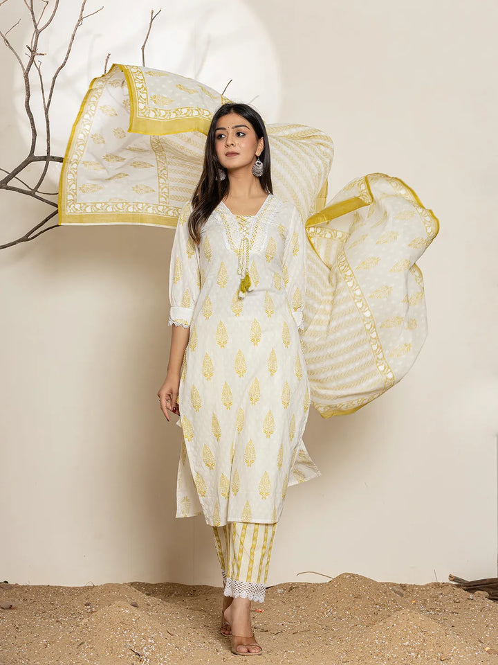 White &amp; Green Floral Cotton Straight Suit Set
