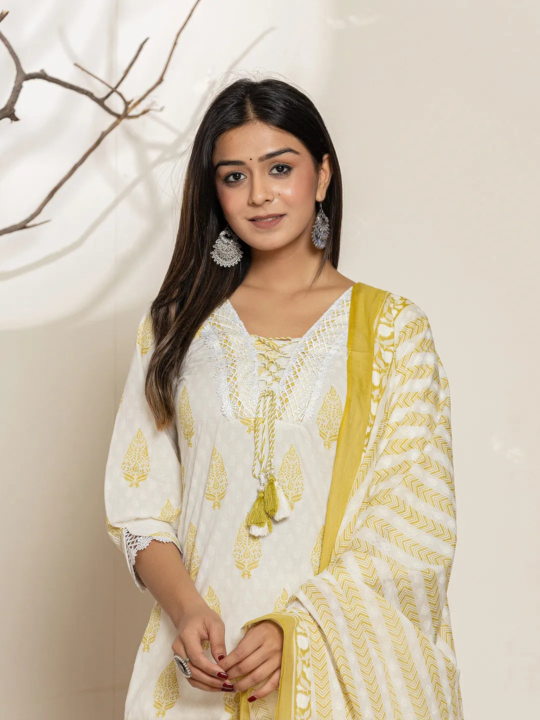 White & Green Floral Cotton Straight Suit Set