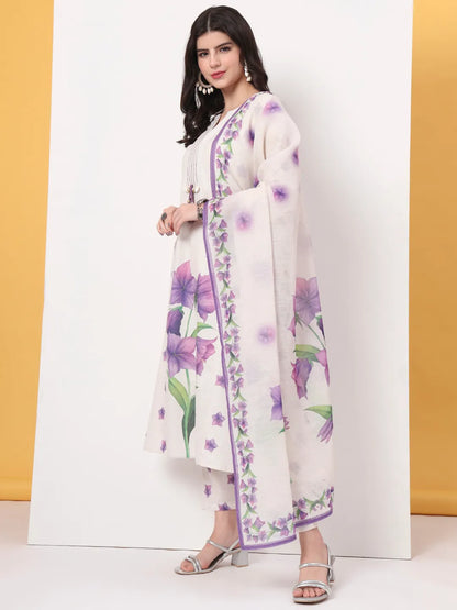 White Linen Cotton A Line Kurta Dupatta Pant Set
