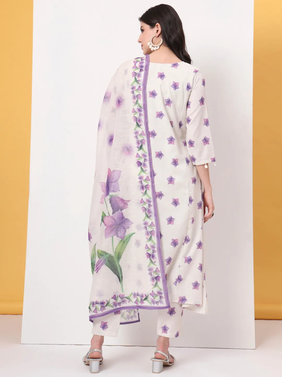 White Linen Cotton A Line Kurta Dupatta Pant Set