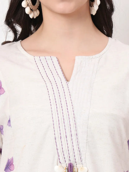 White Linen Cotton A Line Kurta Dupatta Pant Set