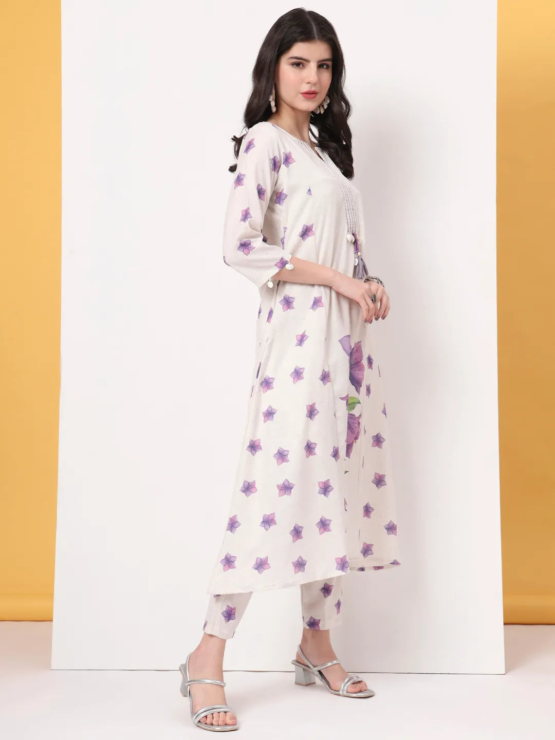 White Linen Cotton A Line Kurta Dupatta Pant Set