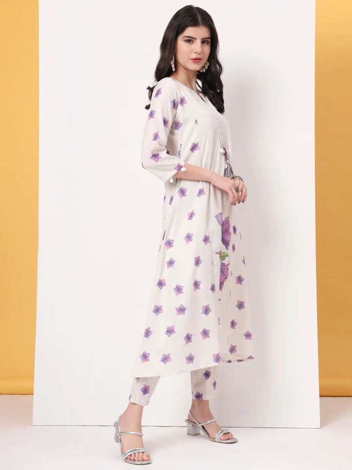 White Linen Cotton A Line Kurta Dupatta Pant Set