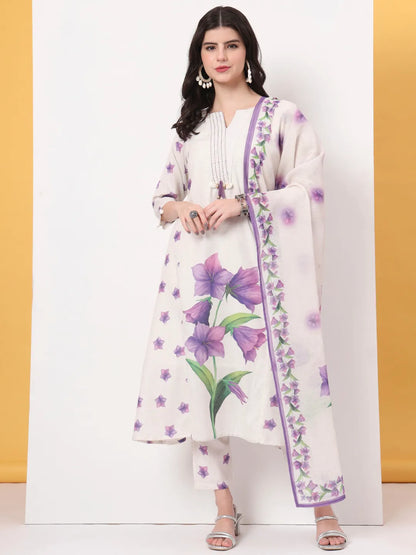 Women's White Cotton White Linen Cotton A Line Kurta Dupatta Pant Set by Yufta, suitable for wholesale buyers, boutiques, retailers, resellers and bulk fashion orders from Trendphoria
