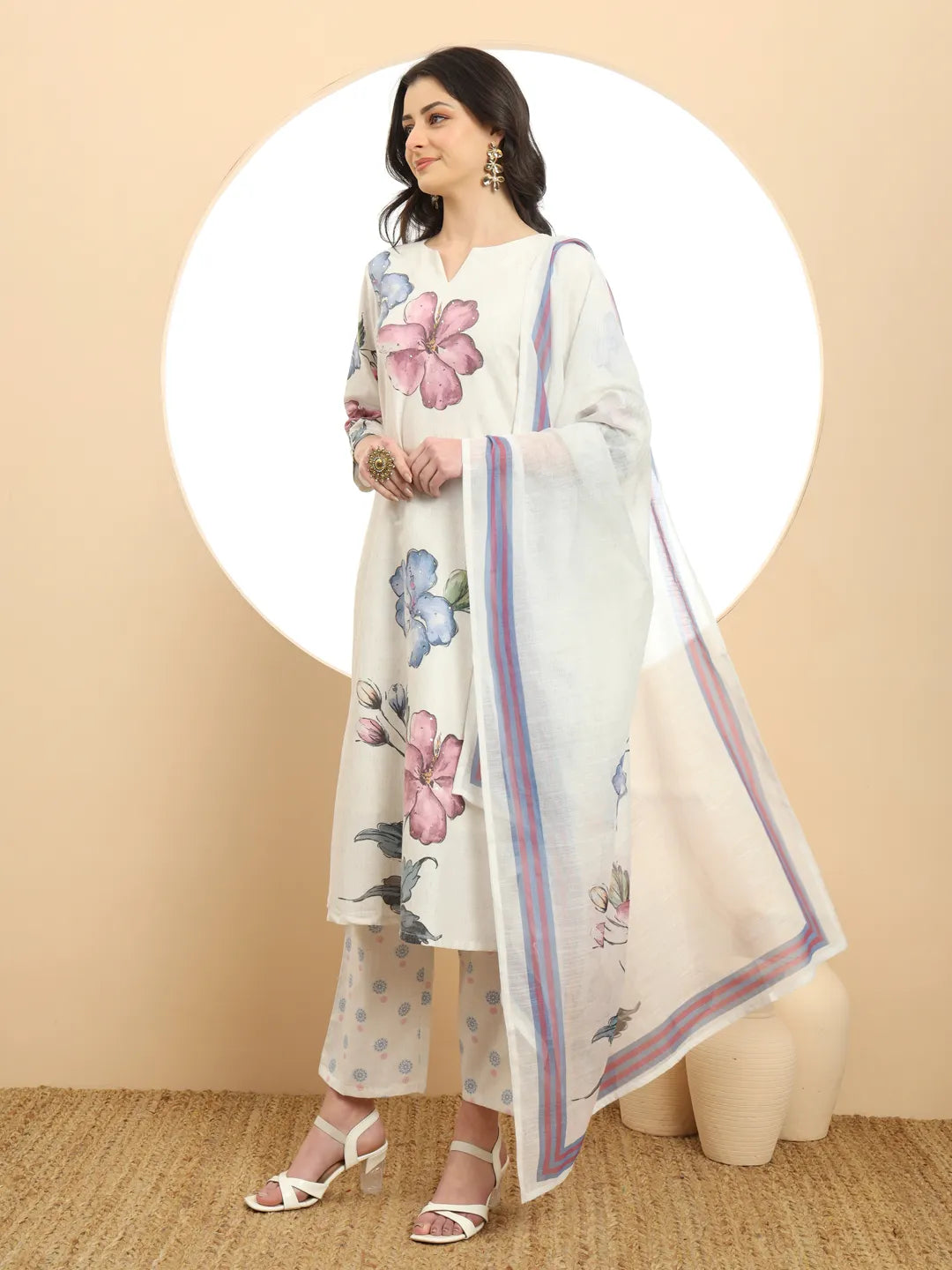 White Linen Cotton Floral Sequins Work A-Line Kurta Dupatta Set