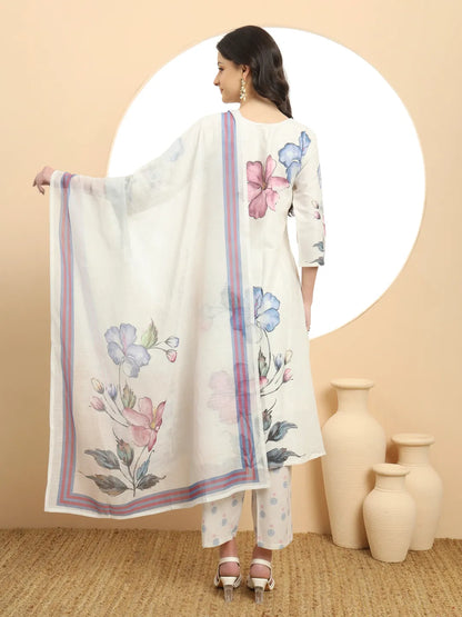 White Linen Cotton Floral Sequins Work A-Line Kurta Dupatta Set