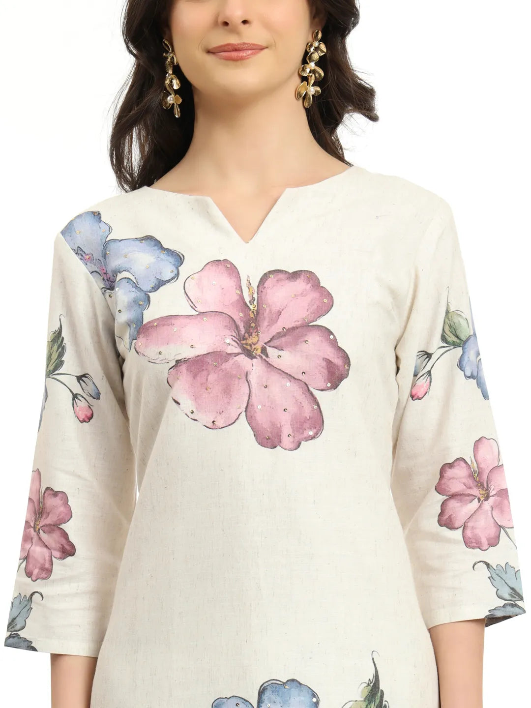 White Linen Cotton Floral Sequins Work A-Line Kurta Dupatta Set