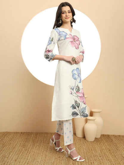 White Linen Cotton Floral Sequins Work A-Line Kurta Dupatta Set