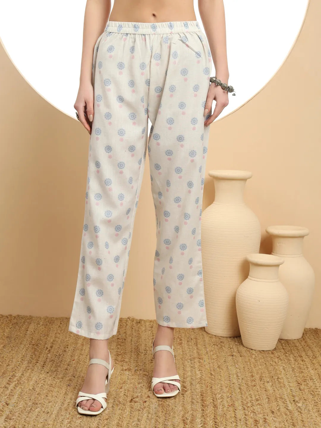 White Linen Cotton Floral Sequins Work A-Line Kurta Dupatta Set