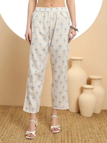 White Linen Cotton Floral Sequins Work A-Line Kurta Dupatta Set