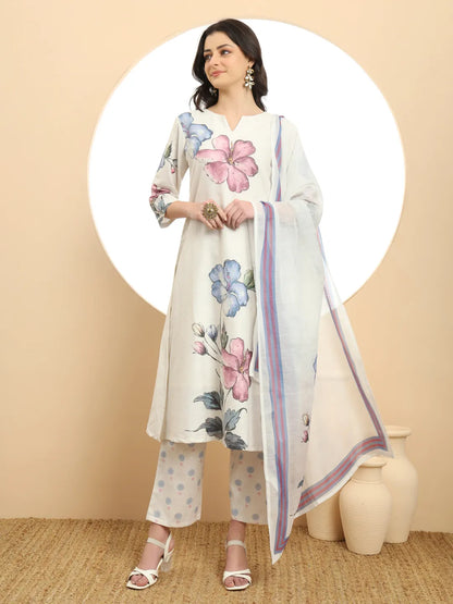 White Linen Cotton Floral Sequins Work A-Line Kurta Dupatta Set